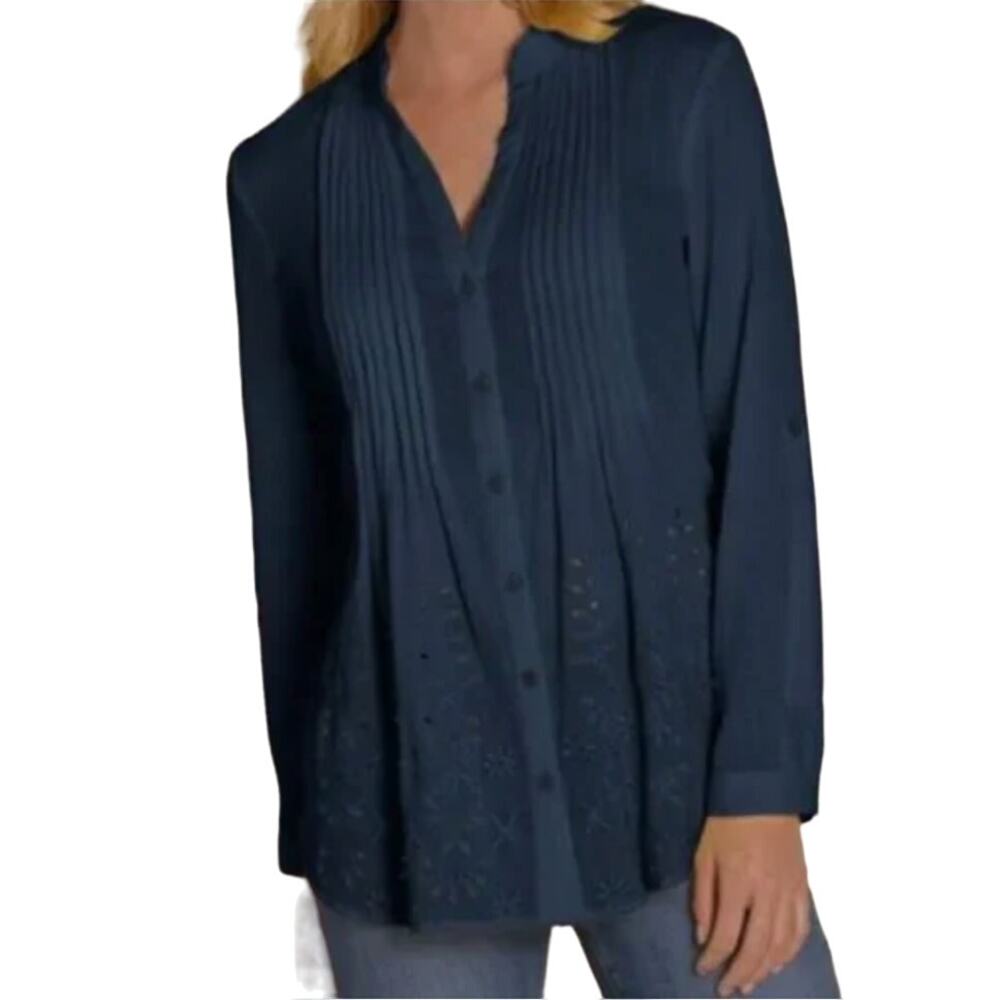 Soft Surroundings M Womens Navy Blue Glam Gauze Shirt Pintuck Embroidered
